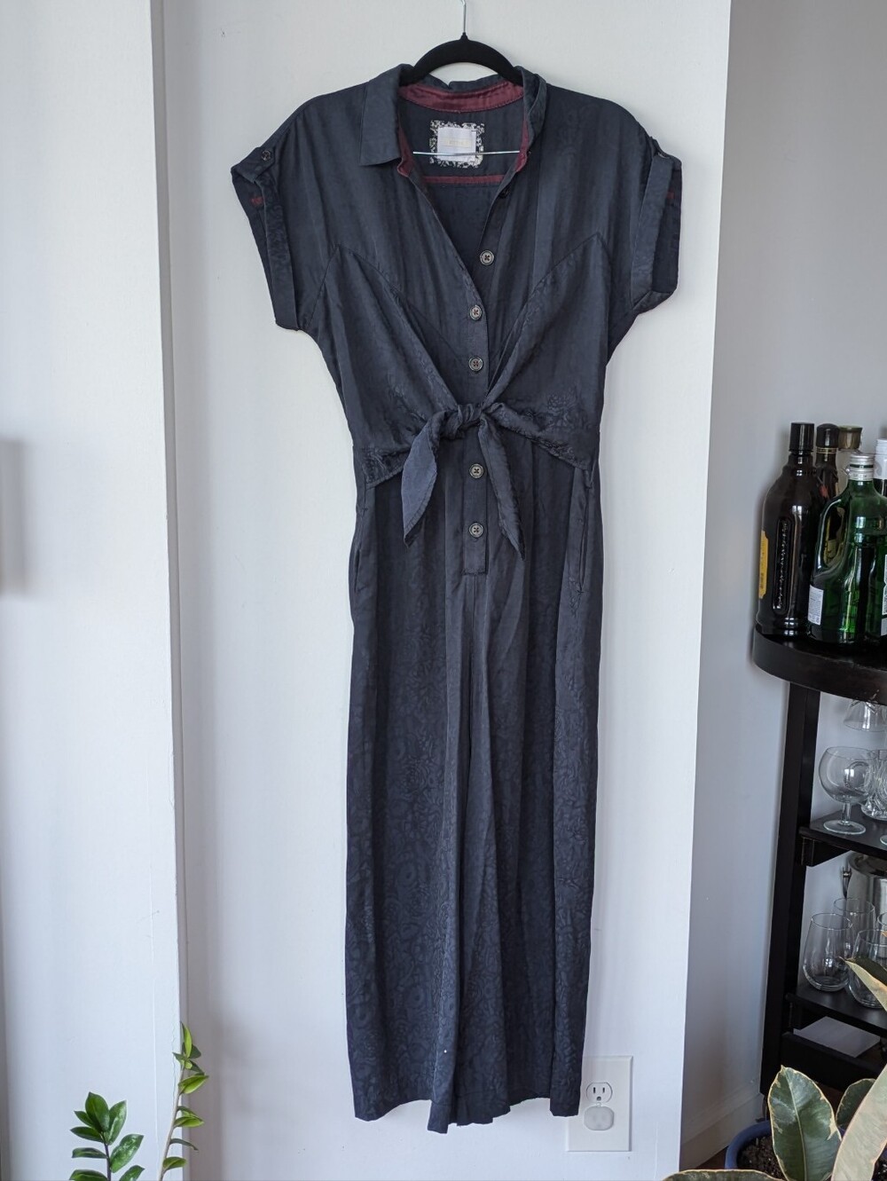 Anthropologie Navy Jacquard Button-Front Tie-Waist Wide-Leg Jumpsuit